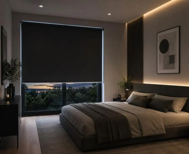 Blackout blind fitted in a bedroom — daylight outside, dark room inside