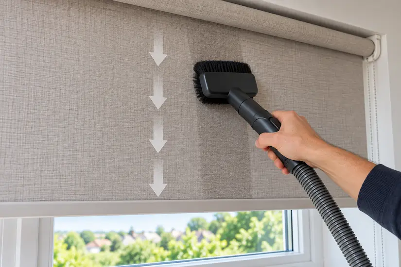 Lowered roller blind being vacuumed with a soft upholstery brush, working top to bottom in overlapping strokes