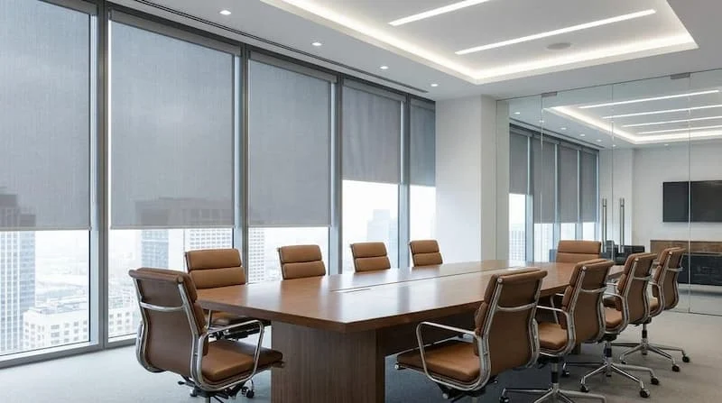Office desk in front of a large window