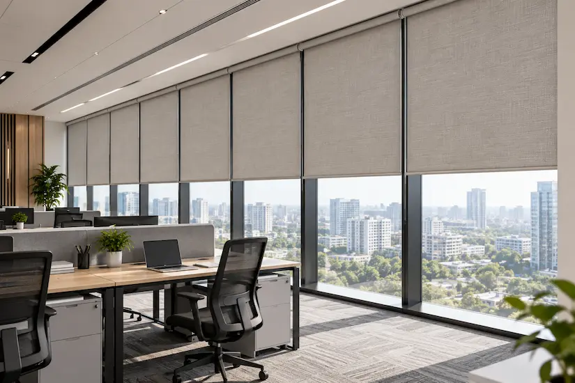 Office fit-out with uniform blinds across a glazed elevation