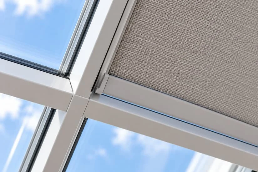 Roof blind running in its side channel — close-up on the glazing bar