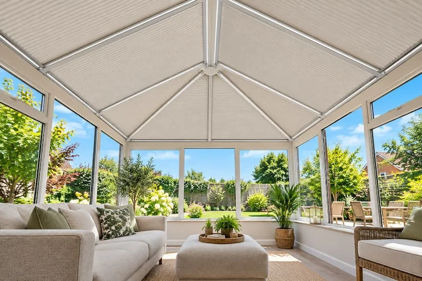 Conservatory with roof blinds closed — sides open on a bright day