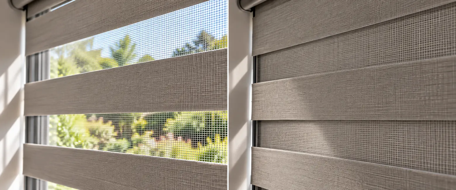 Close-up of the two fabric layers showing sheer and opaque stripes overlapping