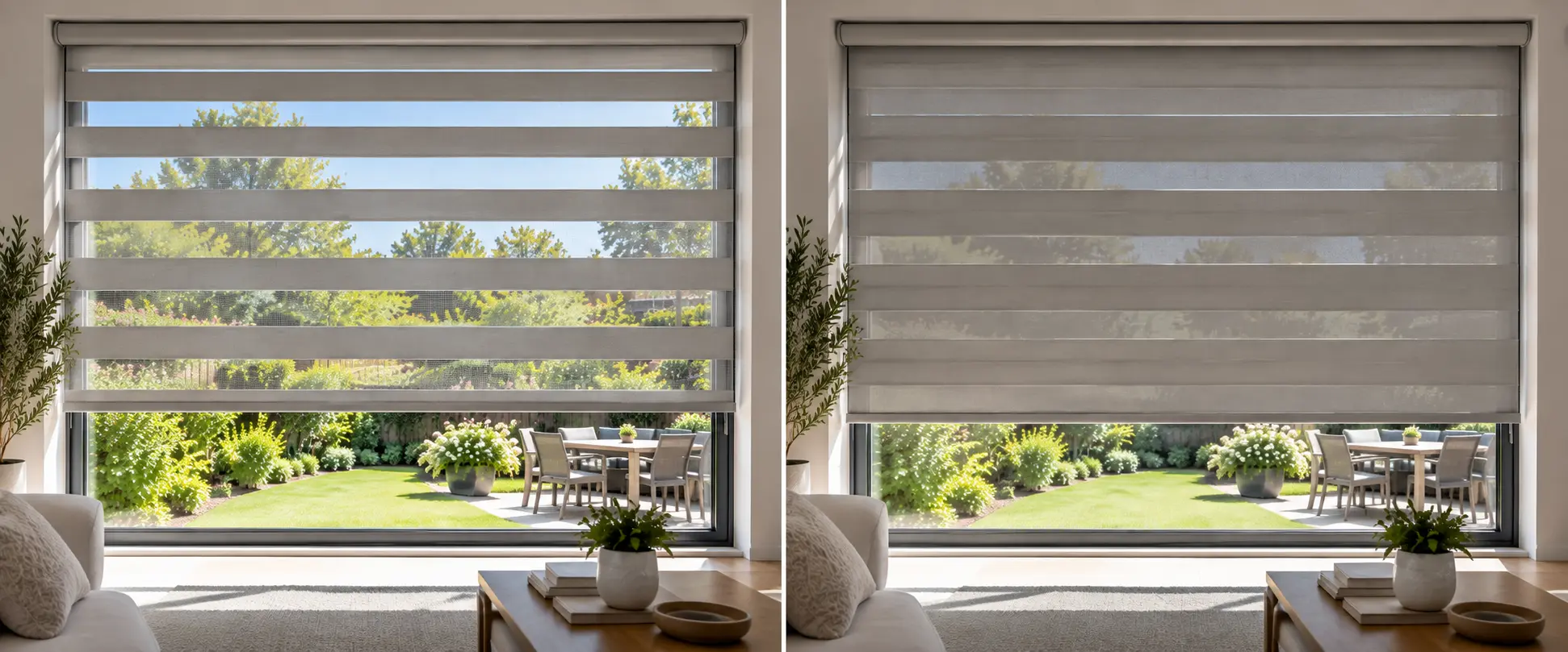 Same window shown twice — stripes aligned (open) and offset (closed)