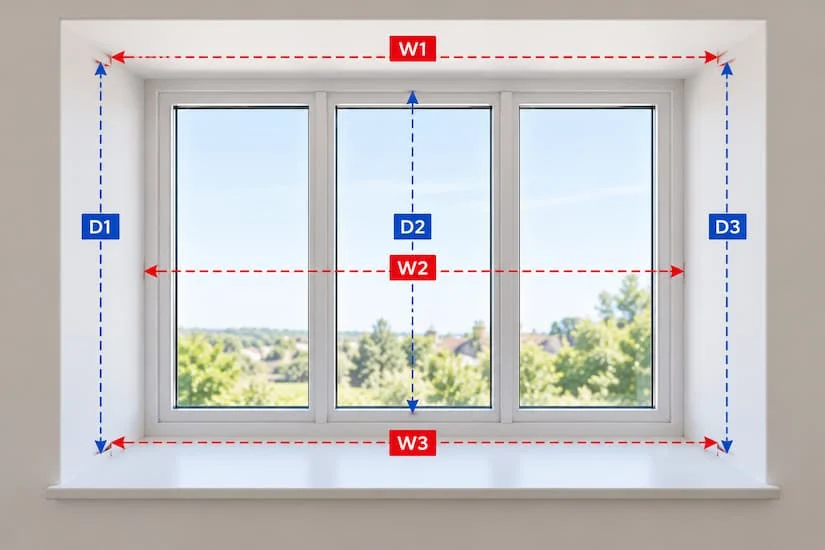 Diagram of a window recess showing width measurements W1, W2, W3 across top, middle and bottom, and drop measurements D1, D2, D3 down left, centre and right