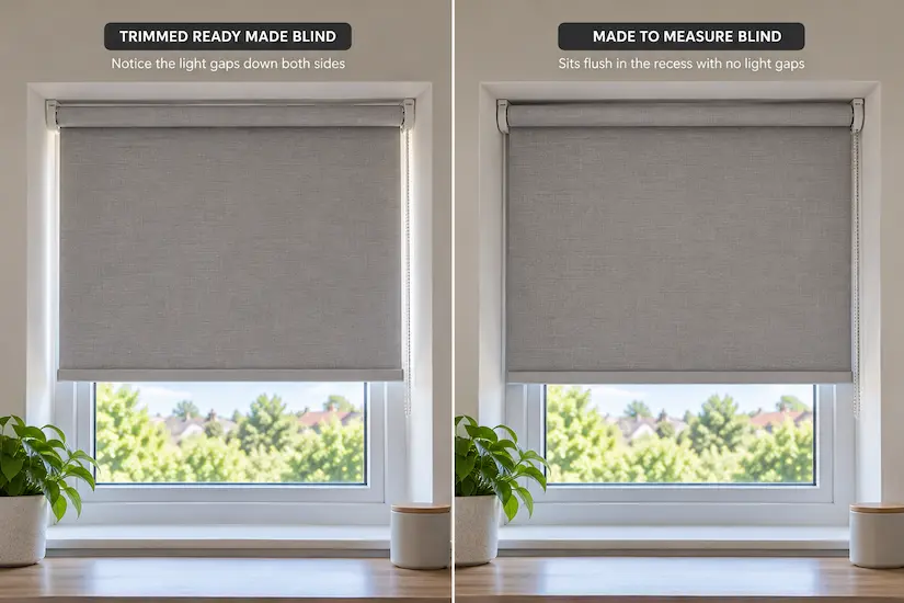 Same window shown twice — trimmed ready made blind with light gaps down both sides, and a made to measure blind sitting flush in the recess