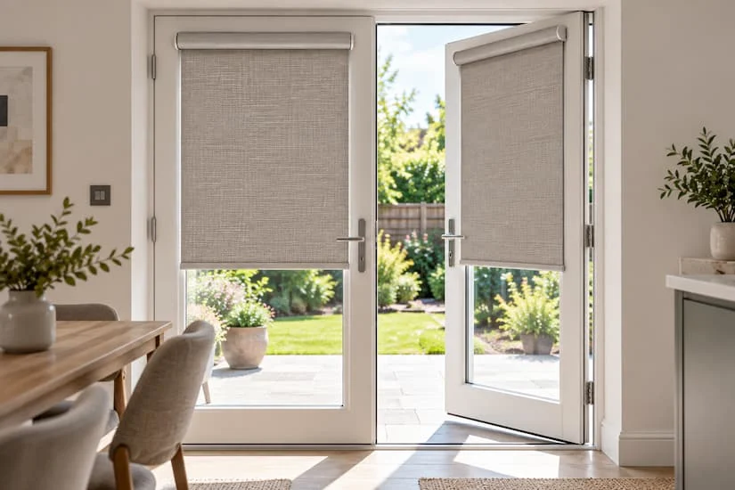 French doors with a blind on each leaf — one door open with blind moving with it