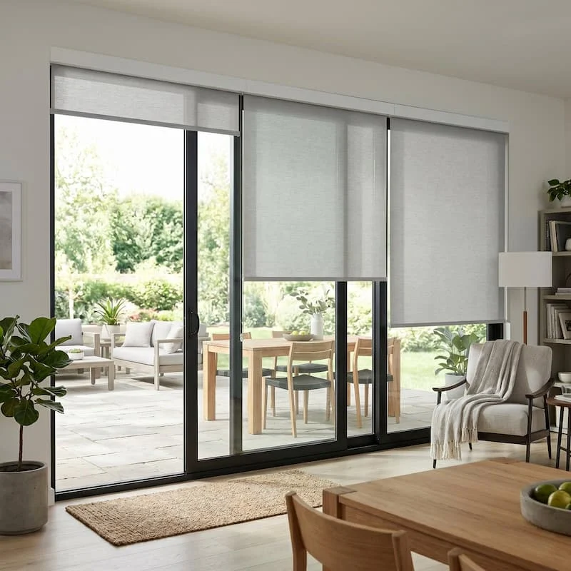 Living room with large sliding patio doors onto a garden