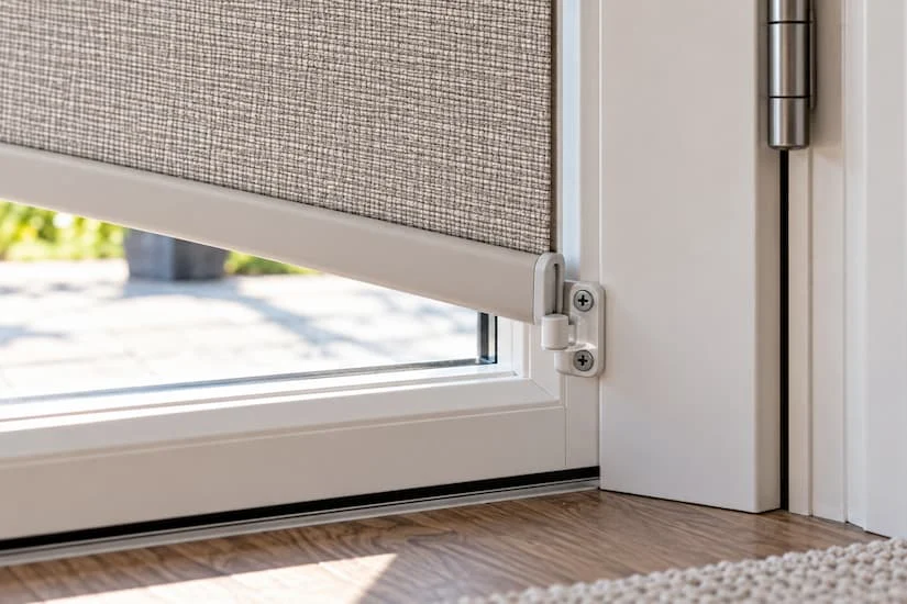 Close-up of a hold-down bracket at the base of a door blind