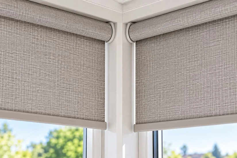 Corner junction between two bay blinds — close-up showing an even gap
