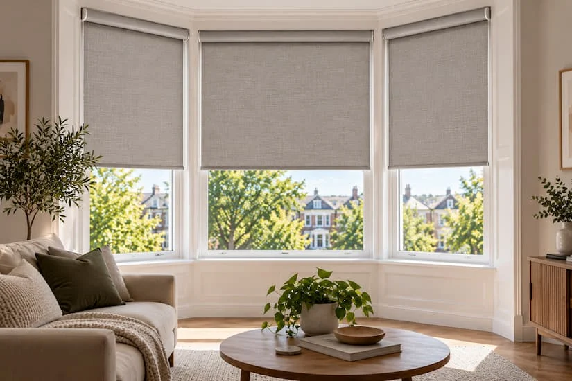 Three blinds in a splayed bay — all at matching height with even gaps