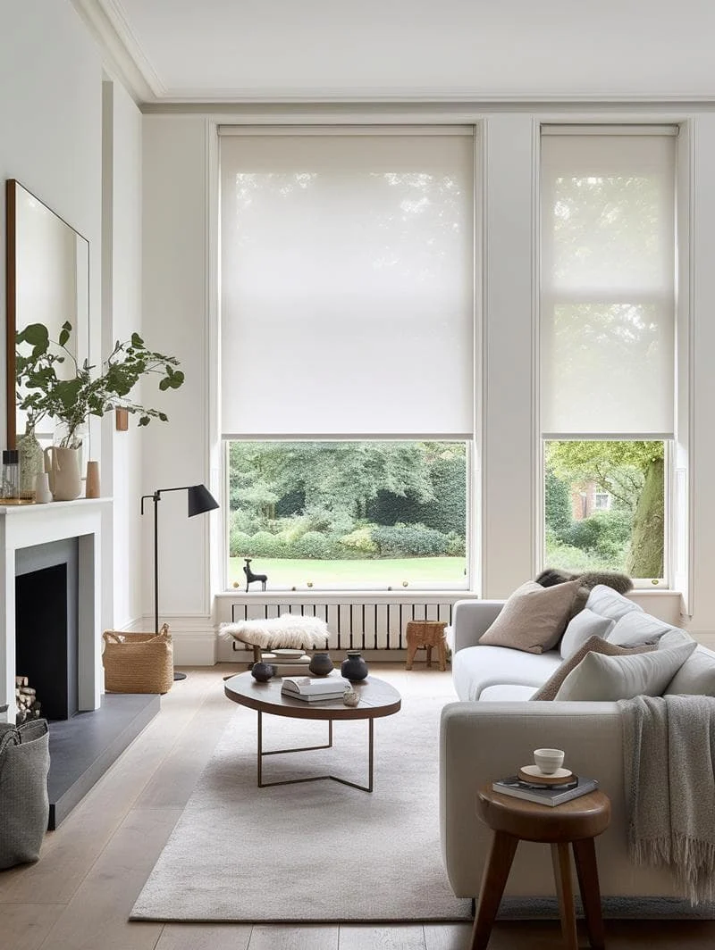 White roller blind partly lowered over a sunny window with plants on the sill