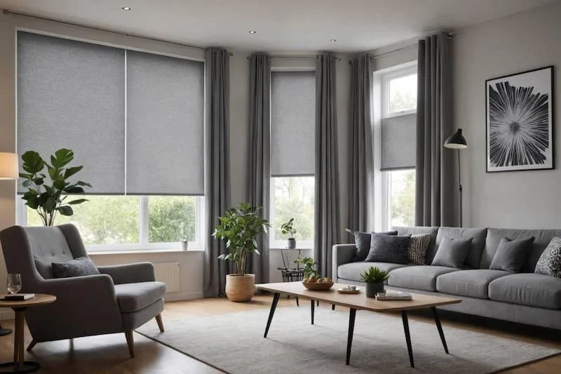 Bedroom window with a roller blind half lowered