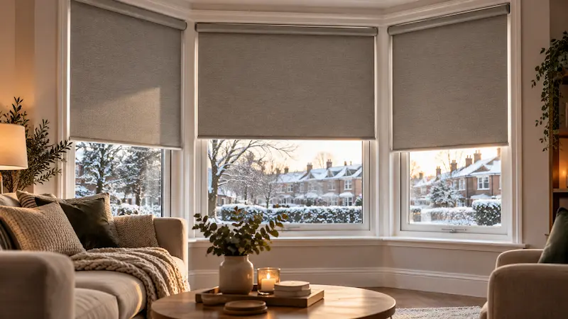 Thermal blind fitted in a bay window — winter light, heavy fabric visible