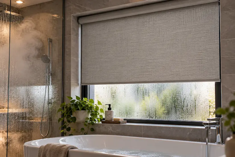 Blind fitted in a bathroom with steam on the glass — fabric unaffected