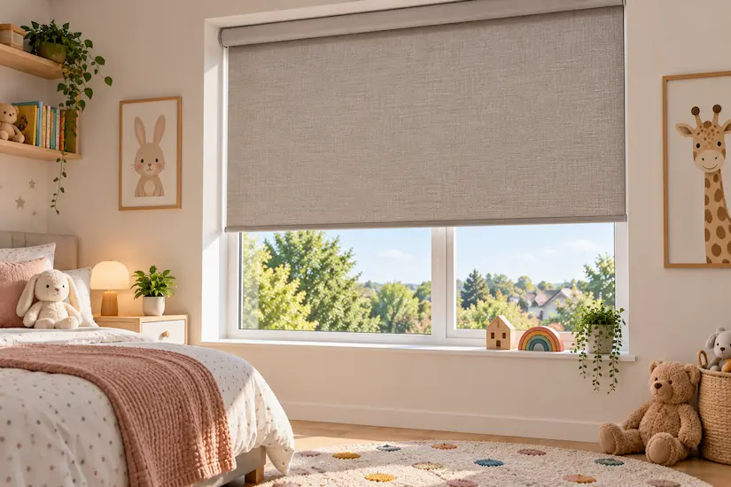 Cordless blind in a child's bedroom — clear window with no chain visible