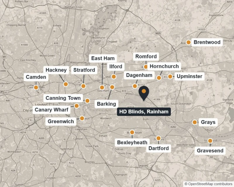 Map of the areas HD Blinds covers from its base in Rainham, across London, Essex and North Kent