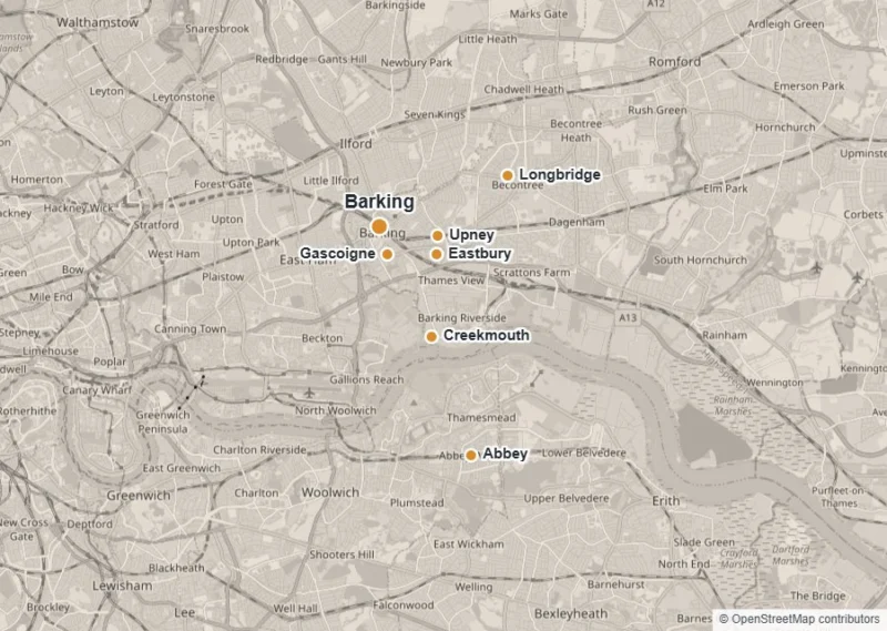 Map of Barking showing Barking, Creekmouth, Abbey, Gascoigne, Longbridge, Eastbury and Upney