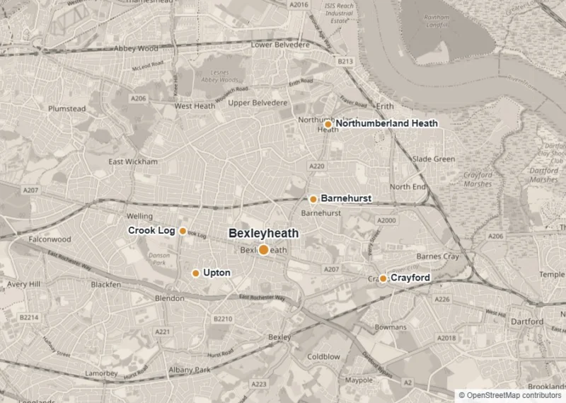 Map of Bexleyheath showing Bexleyheath, Barnehurst, Upton, Crook Log, Northumberland Heath and Crayford