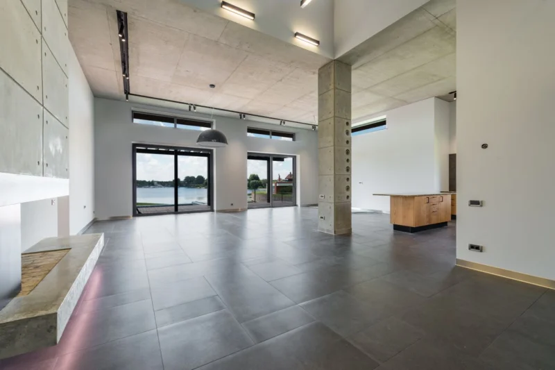 Open-plan new-build interior with large windows