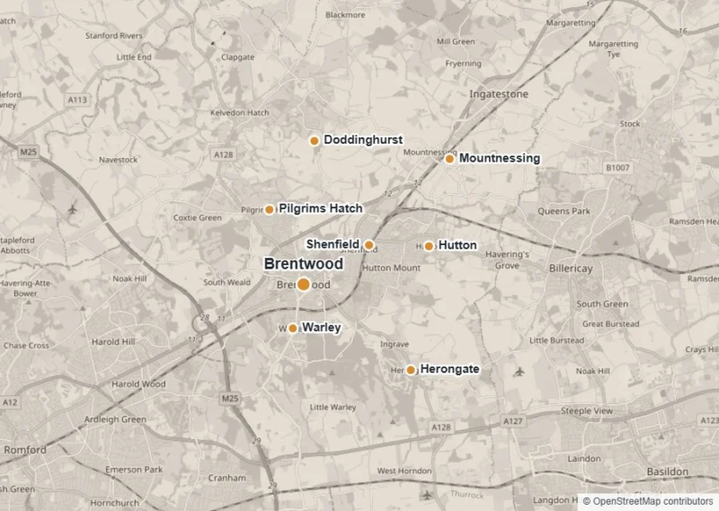 Map of Brentwood showing Brentwood, Shenfield, Hutton, Pilgrims Hatch, Warley, Doddinghurst, Mountnessing and Herongate