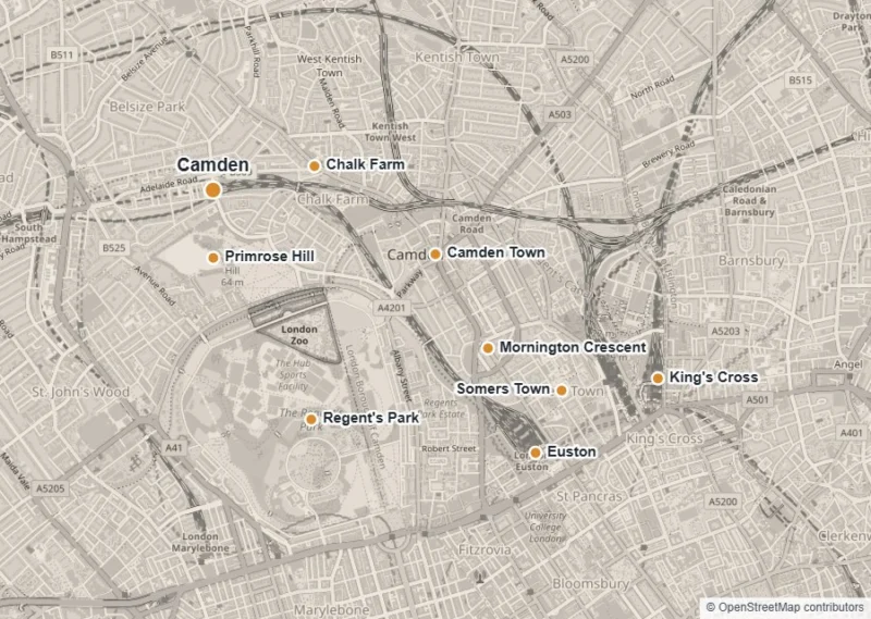 Map of Camden showing Camden, Camden Town, Regent's Park, Primrose Hill, Chalk Farm, Mornington Crescent, Somers Town, King's Cross and Euston
