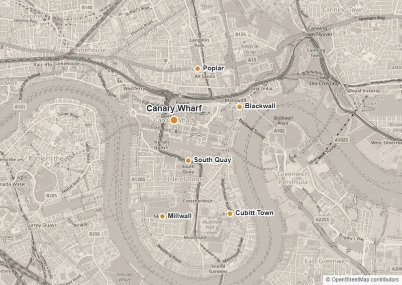 Map of Canary Wharf showing Canary Wharf, South Quay, Millwall, Cubitt Town, Blackwall and Poplar