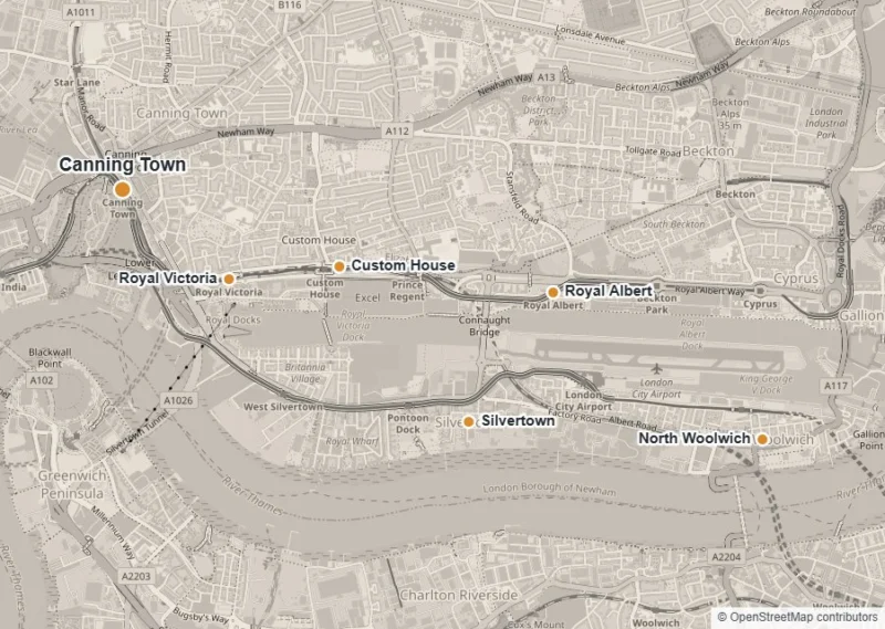 Map of Canning Town showing Canning Town, Royal Victoria, Royal Albert, Custom House, Silvertown and North Woolwich