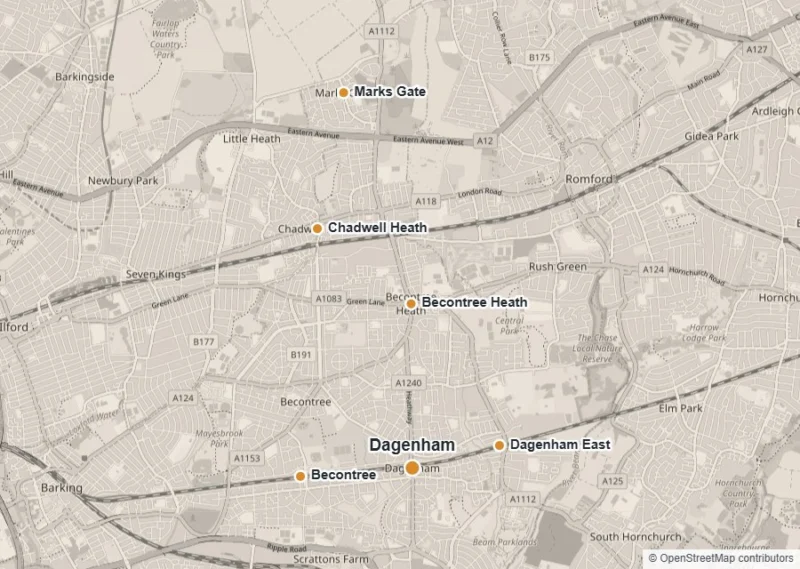 Map of Dagenham showing Dagenham, Becontree, Becontree Heath, Dagenham East, Chadwell Heath and Marks Gate