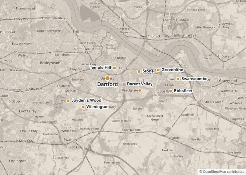 Map of Dartford showing Dartford, Stone, Greenhithe, Ebbsfleet, Swanscombe, Temple Hill, Wilmington, Joyden's Wood and Darent Valley