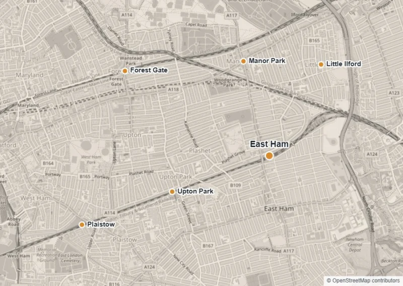 Map of East Ham showing East Ham, Upton Park, Forest Gate, Manor Park, Plaistow and Little Ilford