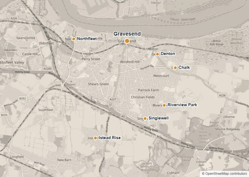 Map of Gravesend showing Gravesend, Northfleet, Istead Rise, Riverview Park, Chalk, Denton and Singlewell