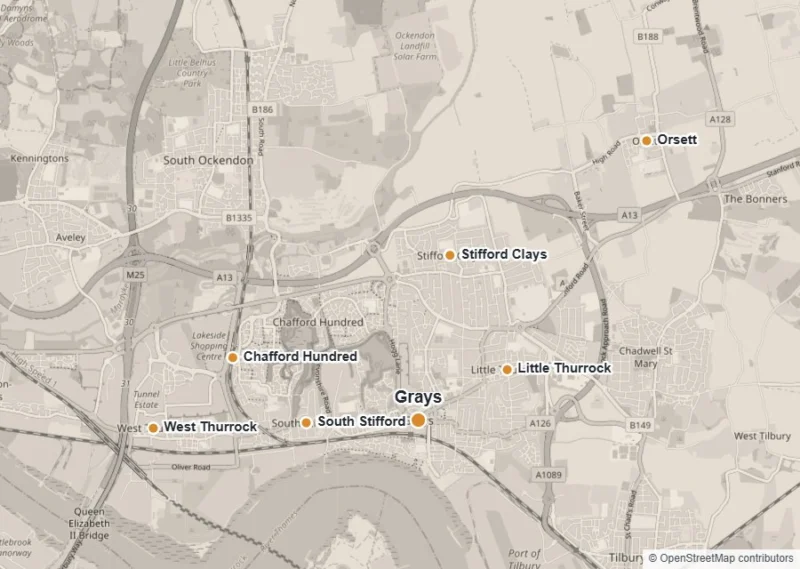 Map of Grays showing Grays, Chafford Hundred, Little Thurrock, West Thurrock, South Stifford, Stifford Clays and Orsett