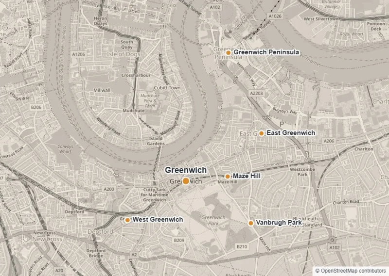 Map of Greenwich showing Greenwich, West Greenwich, Maze Hill, Vanbrugh Park, Greenwich Peninsula and East Greenwich