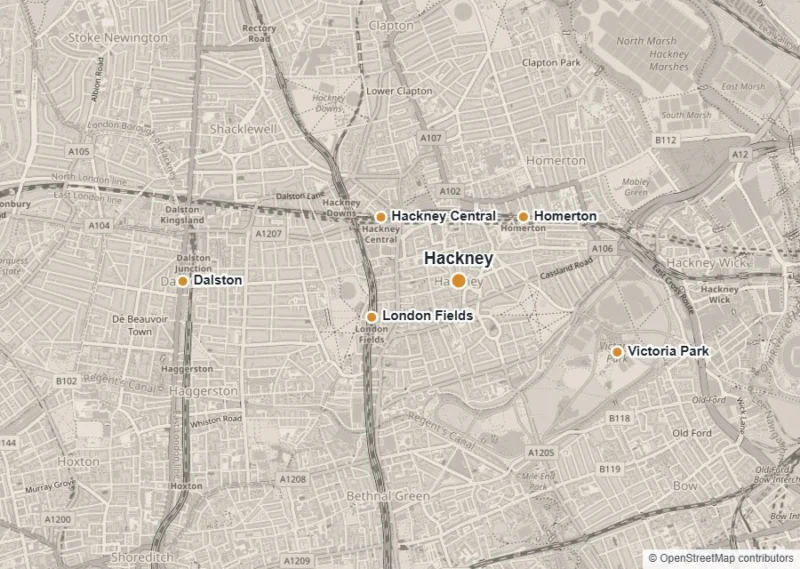 Map of Hackney showing Hackney, Hackney Central, London Fields, Dalston, Homerton and Victoria Park