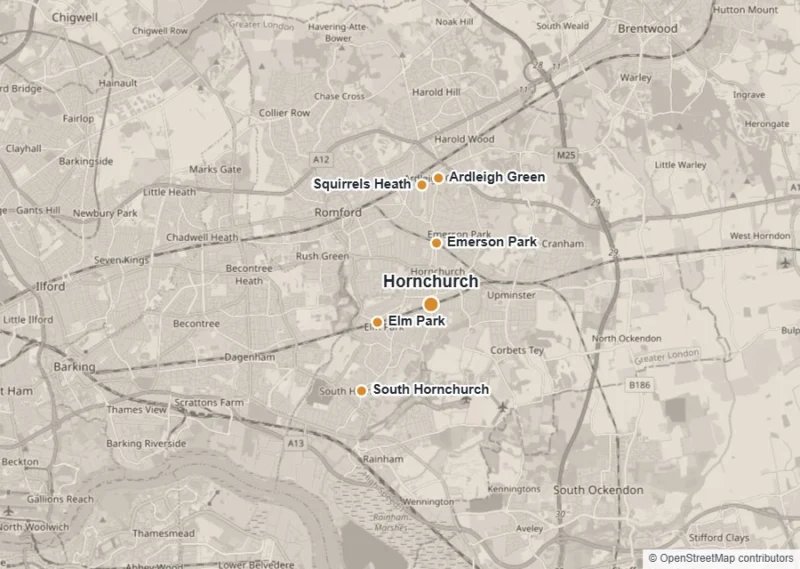 Map of Hornchurch showing Hornchurch, Emerson Park, Elm Park, Ardleigh Green, Squirrels Heath and South Hornchurch