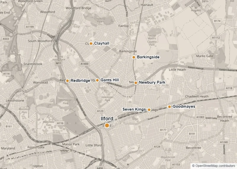 Map of Ilford showing Ilford, Seven Kings, Goodmayes, Newbury Park, Gants Hill, Barkingside, Clayhall and Redbridge