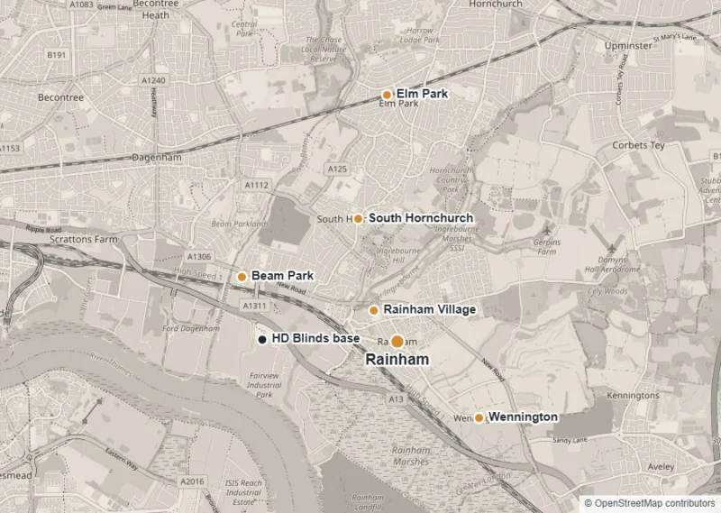 Map of Rainham showing Rainham, Rainham Village, South Hornchurch, Wennington, Elm Park and Beam Park, with the HD Blinds base