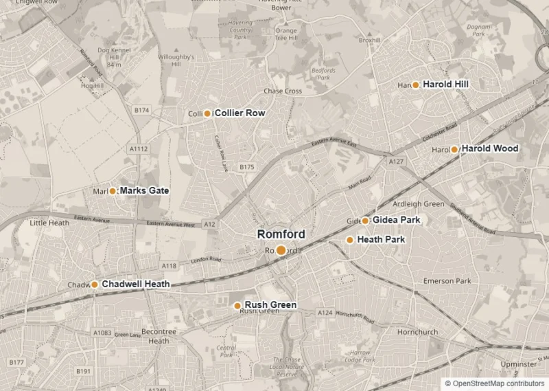 Map of Romford showing Romford, Gidea Park, Collier Row, Rush Green, Harold Wood, Harold Hill, Chadwell Heath, Marks Gate and Heath Park
