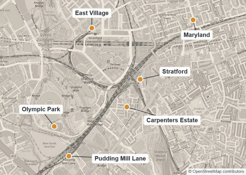 Map of Stratford showing Stratford, East Village, the Olympic Park, Maryland, Pudding Mill Lane and the Carpenters Estate