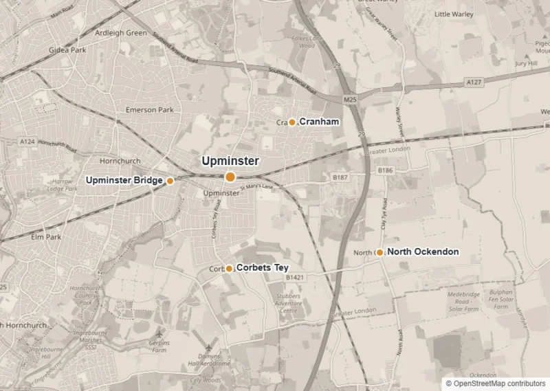 Map of Upminster showing Upminster, Upminster Bridge, Cranham, North Ockendon and Corbets Tey