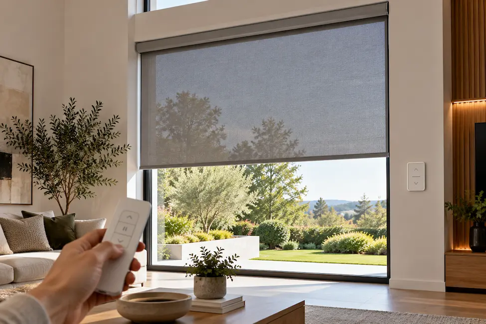 Motorised blind mid-travel on a tall window with remote control