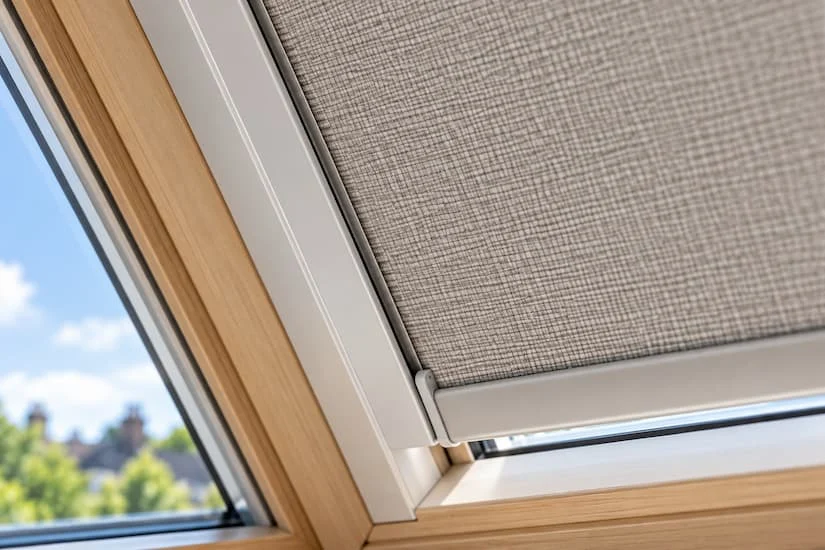 Side channel holding the fabric edge on a sloping roof window