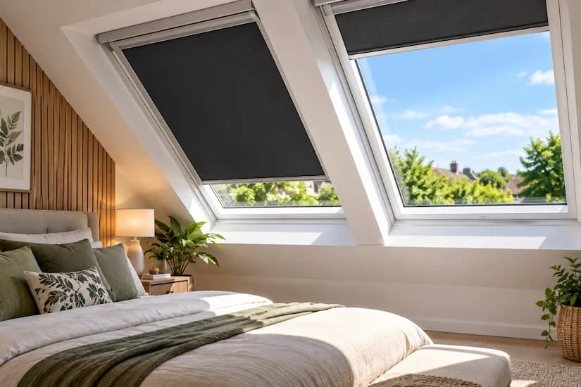 Blackout blind fitted to a sloping roof window in a loft bedroom — bright day outside