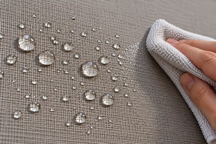 Close-up of water beading on a coated fabric being wiped clean